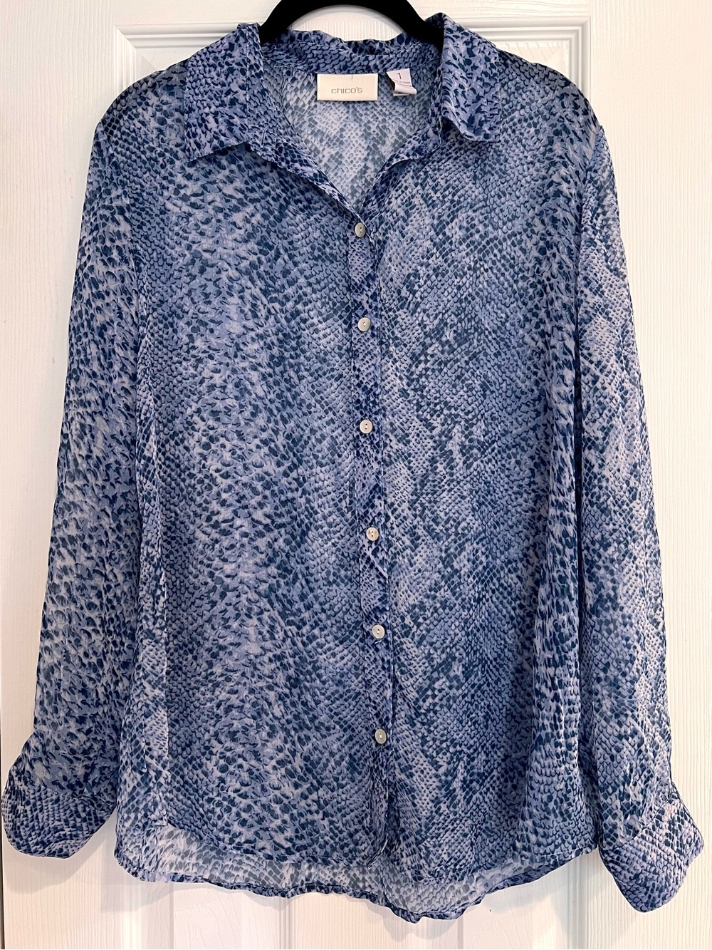 Chico's Snake Print Sheer Blue Animal Print Patterned Button-Down Blouse Top M